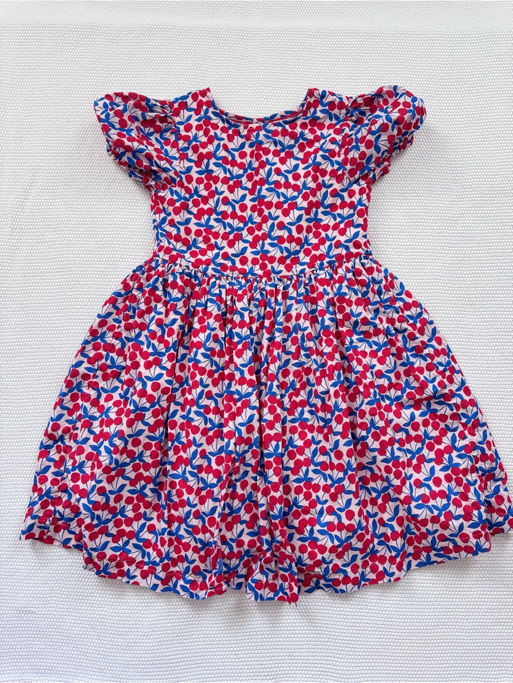 Girls Poplin Cotton Cherry Print Dress in Red & Blue